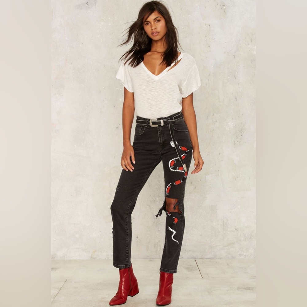 Ragged Priest Venom Distressed Jean with Handpainted Snake